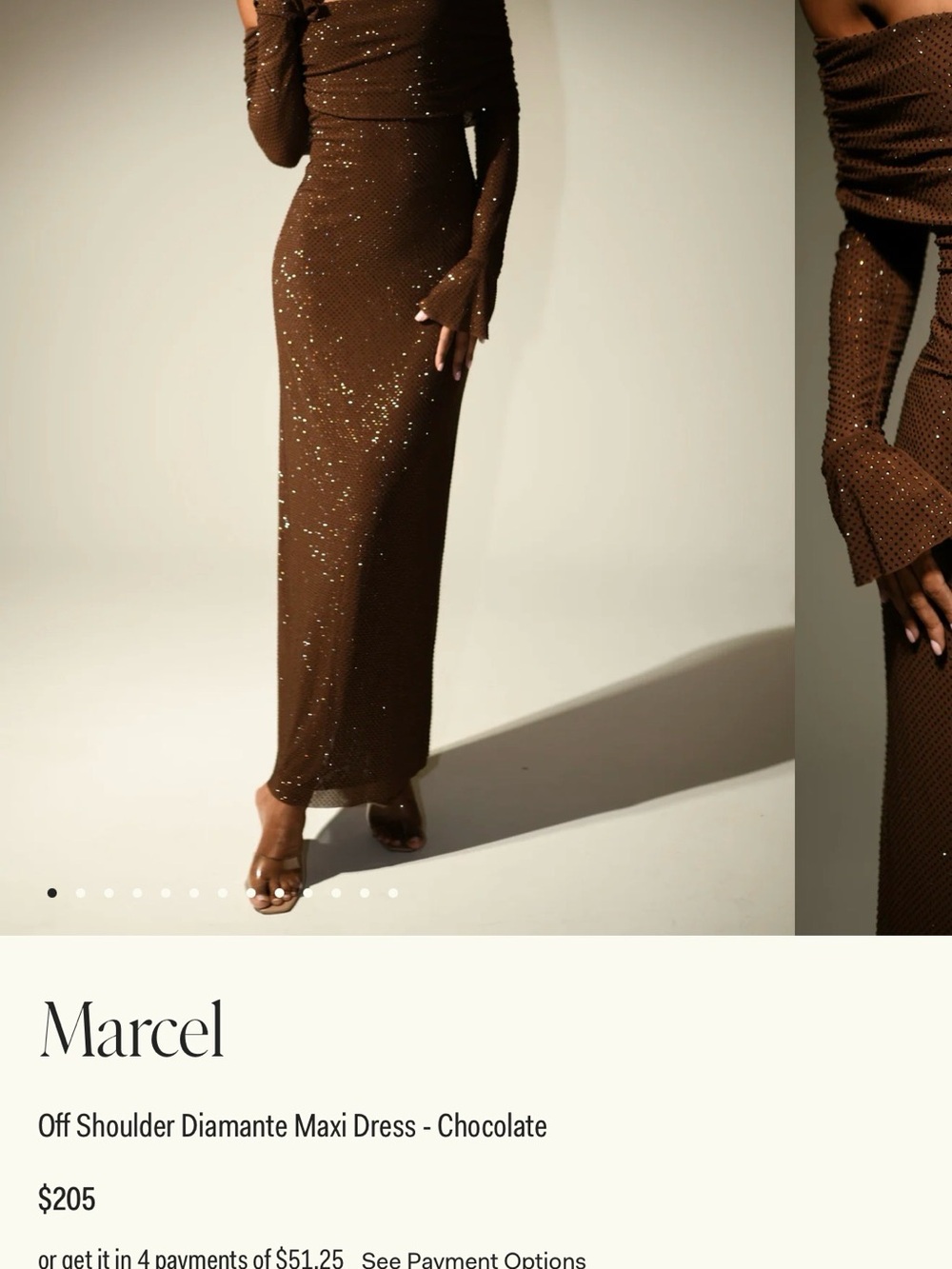Meshki Marcel Off Shoulder Diamante Maxi Dress Chocolate M - Picture 4 of 6